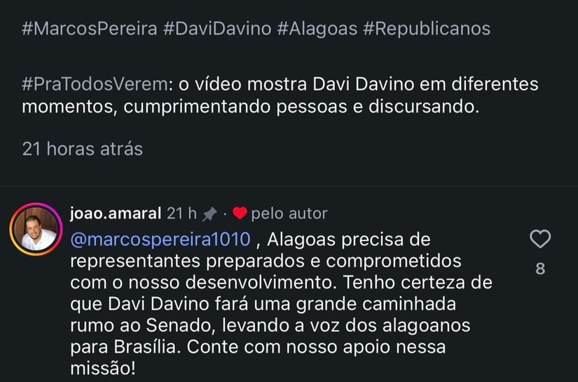 “Apoio incondicionalmente” Afirma presidente nacional do Republicanos em post sobre Davi Davino