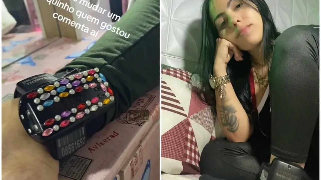 Mulher e viraliza no TikTok após enfeitar tornozeleira eletrônica com pérolas e cristais; vídeo