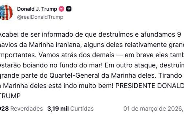 Trump afirma que EUA destruíram nove navios iranianos e parte do quartel-general naval