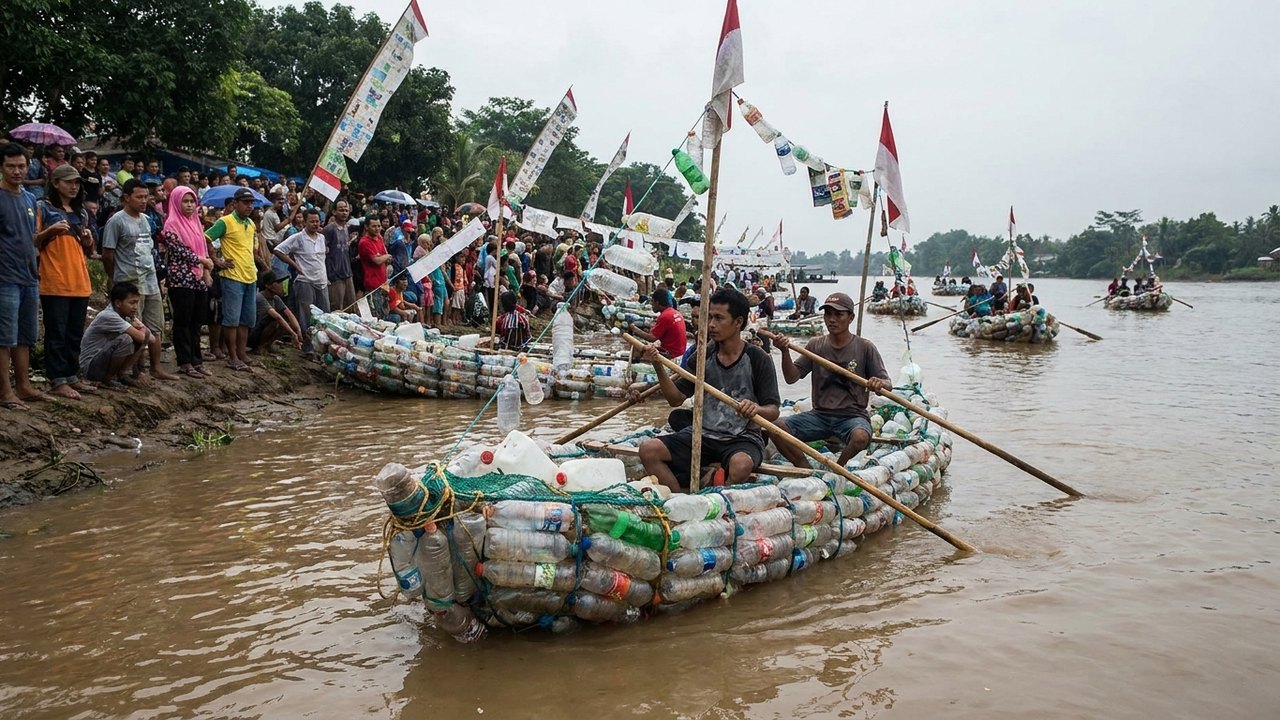 De garrafas usadas a barcos flutuantes: festival promove reciclagem na Indonésia