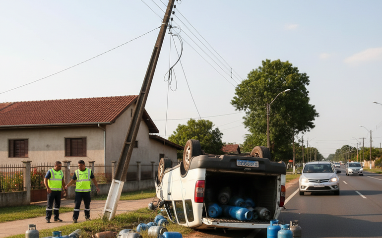 Susto na AL-220: caminhonete carregada com gás tomba e espalha botijões na pista após falha mecânica