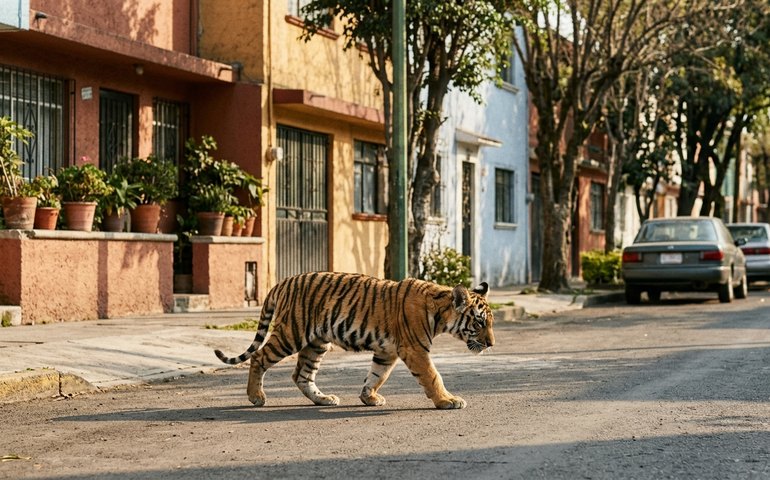 Filhote de tigre é visto caminhando por bairro residencial no México