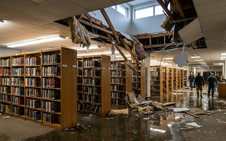Teto desaba e biblioteca da USP amanhece alagada