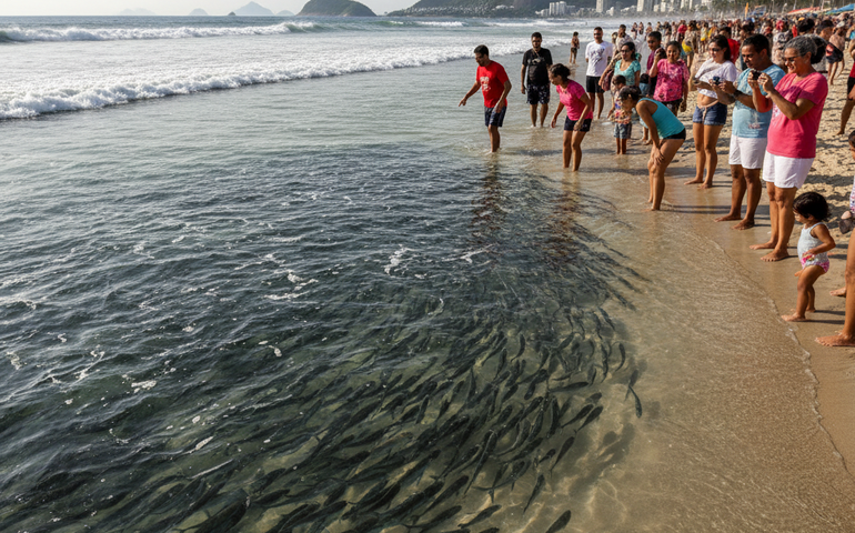 Cardumes surpreendem banhistas e viram atração na Praia do Leme