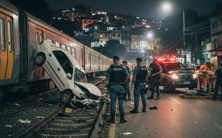 Perseguição policial termina com suspeito morto, carro sobre a linha férrea e oito feridos após ensaio da Mangueira
