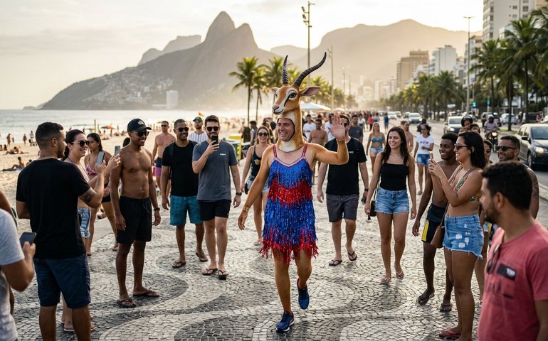 Empresário vestido de Gazelle, personagem dublada por Shakira, chama atenção em Copacabana