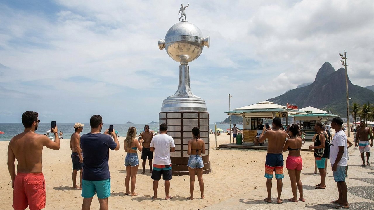 Libertadores leva troféu gigante à praia do Rio feito com 'know how' do carnaval; saiba como foi a produção
