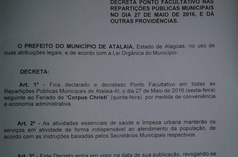 Prefeitura de Atalaia decreta ponto facultativo nesta sexta-feira (27)