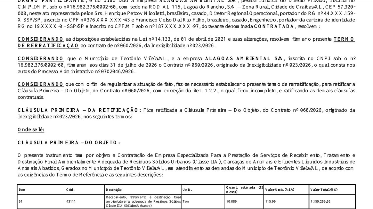 Teotônio Vilela corrige cláusula de contrato de R$ 1,73 milhão para destinação de resíduos