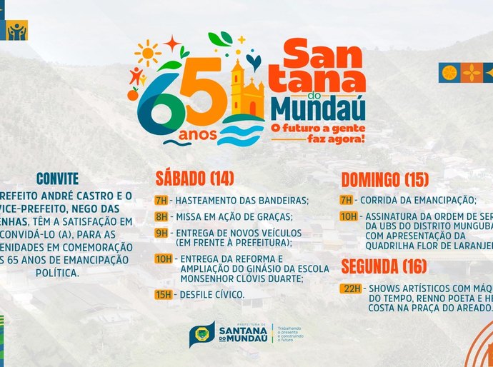Prefeitura de Santana do Mundaú anuncia programação em comemoração aos 65 anos de emancipação