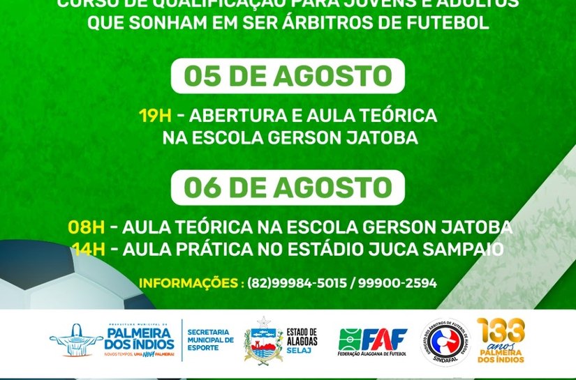 Prefeitura de Palmeira dos Índios vai ofertar curso de arbitragem de futebol de campo