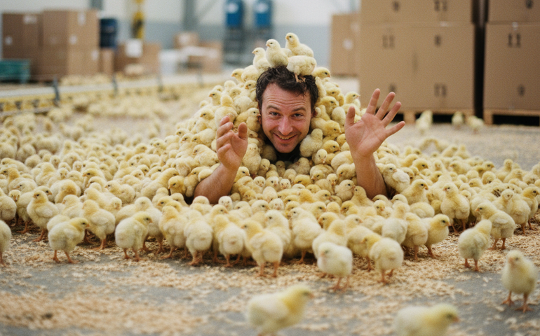 Homem viraliza ao ser coberto por 'nuvem' de pintinhos