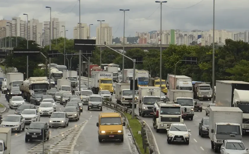 Veículo pega fogo na Marginal Tietê, em SP, e interdita trecho da via