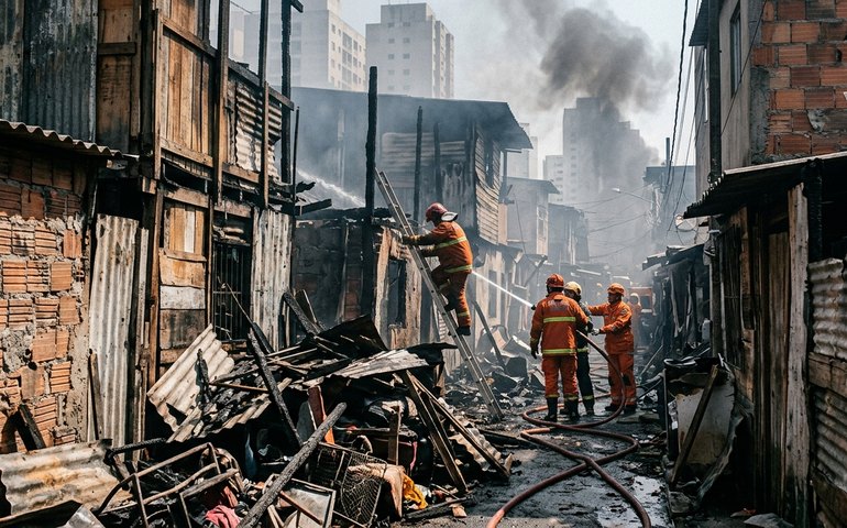 Incêndio atinge imóveis na Favela do Moinho, no centro de SP