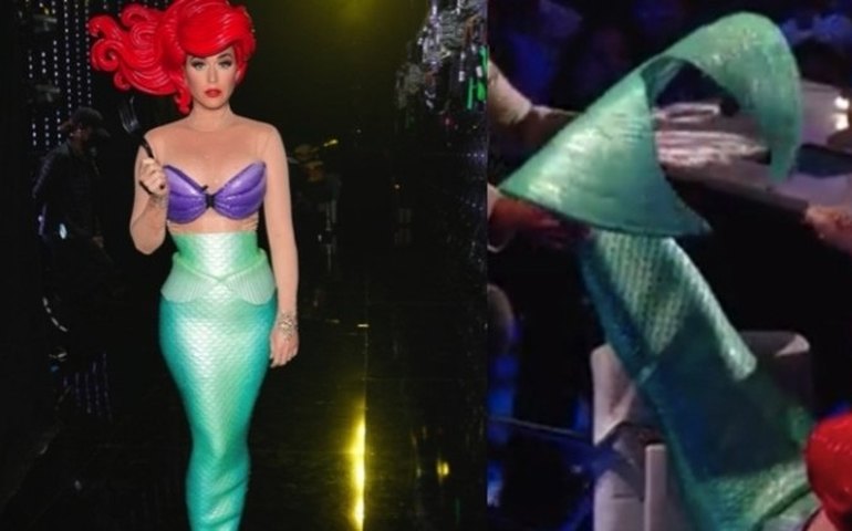 Vestida de sereia, Katy Perry cai da cadeira em ‘American Idol’