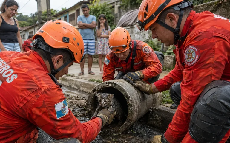 Bombeiros salvam filhote de gato preso em tubulação em Teresópolis