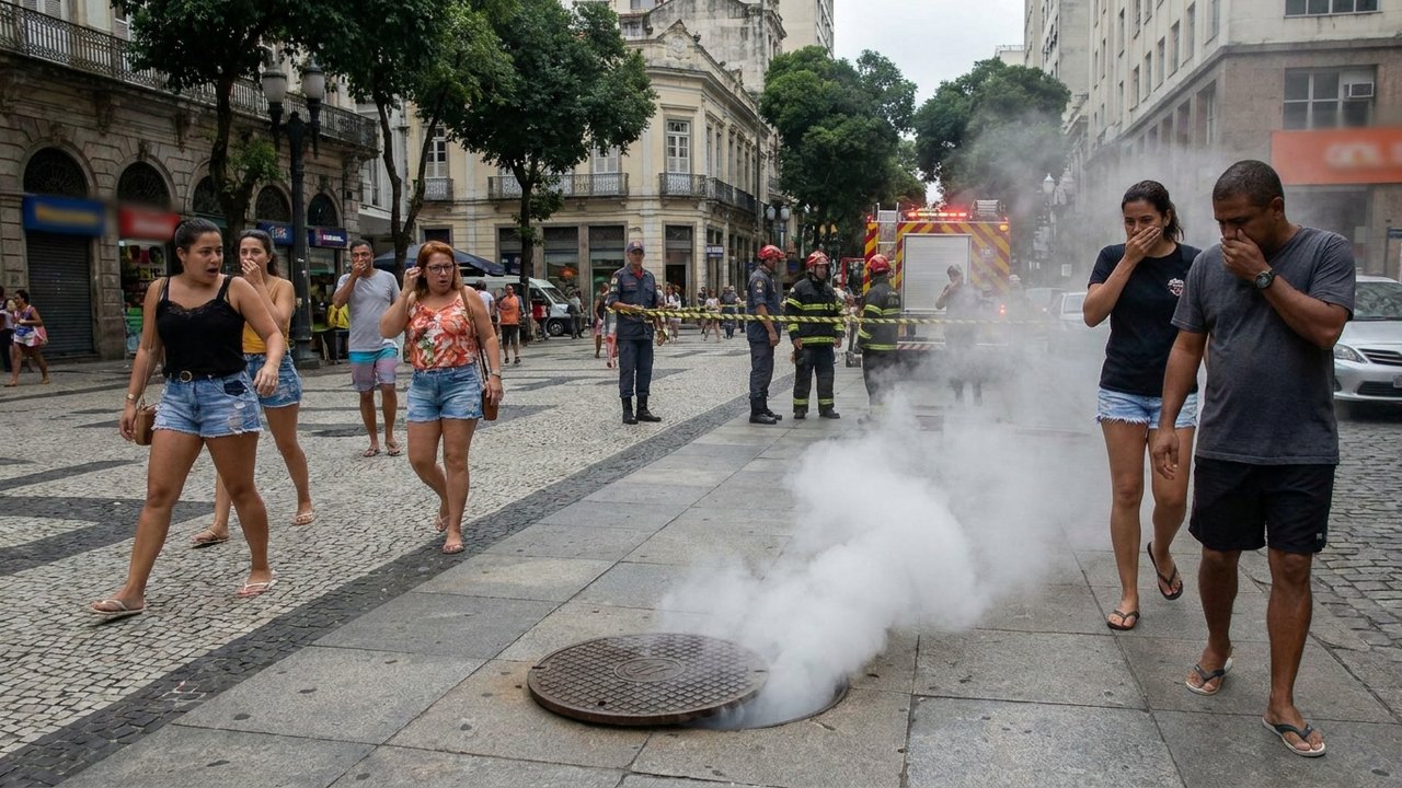 Bueiro solta fumaça e assusta pedestres no Largo do Machado, na Zona Sul do Rio
