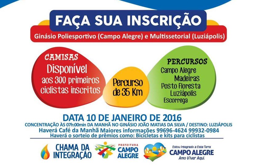 Campo Alegre realiza dia 10 segundo passeio ciclístico Caminhos da Integração