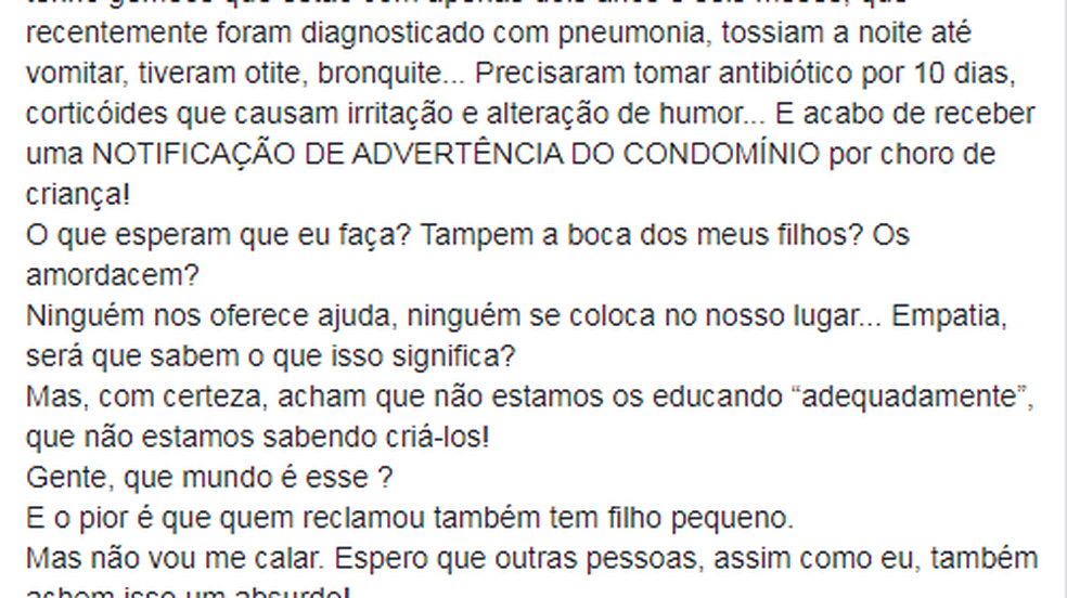 Mãe recebe advertência por choro de bebês