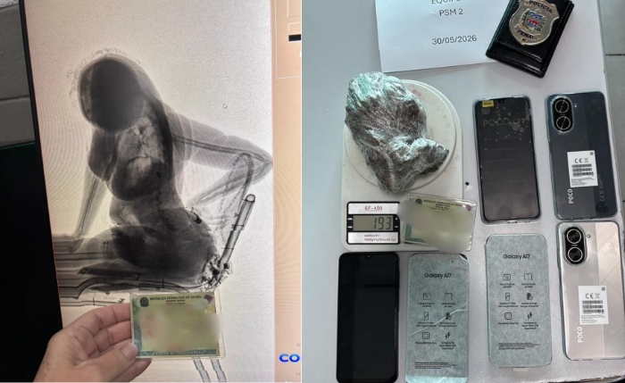 Celulares e maconha apreendidos por policiais penais durante revista realizada em visitante na Penitenciária de Segurança Máxima de Alagoas, em Maceió