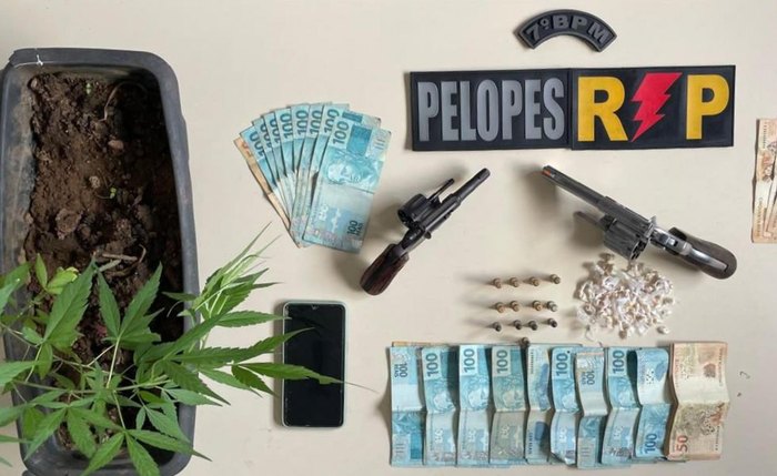 Foram apreendidos um revólver calibre 32, um revólver calibre 38, munições, R$ 11.500,00 em espécie e uma planta de Cannabis Sativa