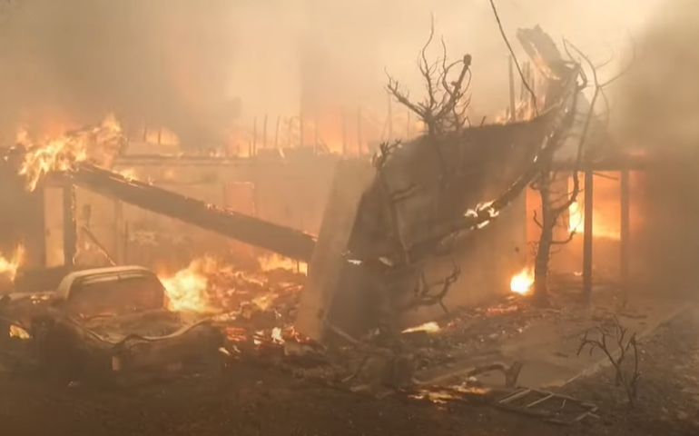 Tempestade de vento turbinam incêndio florestal em Los Angeles e força fuga de moradores a pé