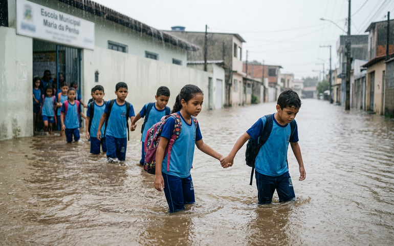 Chuva obriga cidades a suspenderem aulas; em Rio das Ostras crianças deixam escola de mãos dadas e com água na cintura