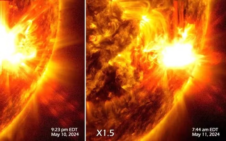 Nasa divulga imagem de explosão solar que coloriu o céu com auroras boreais ao redor do mundo